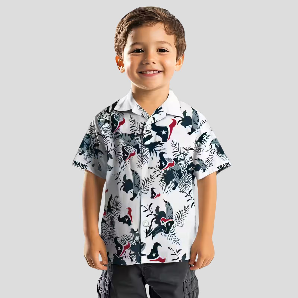 Custom Blue White Houston Texans Hawaiian Shirt, Botanical Theme Aloha Button Up