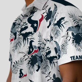 Custom Blue White Houston Texans Hawaiian Shirt, Botanical Theme Aloha Button Up