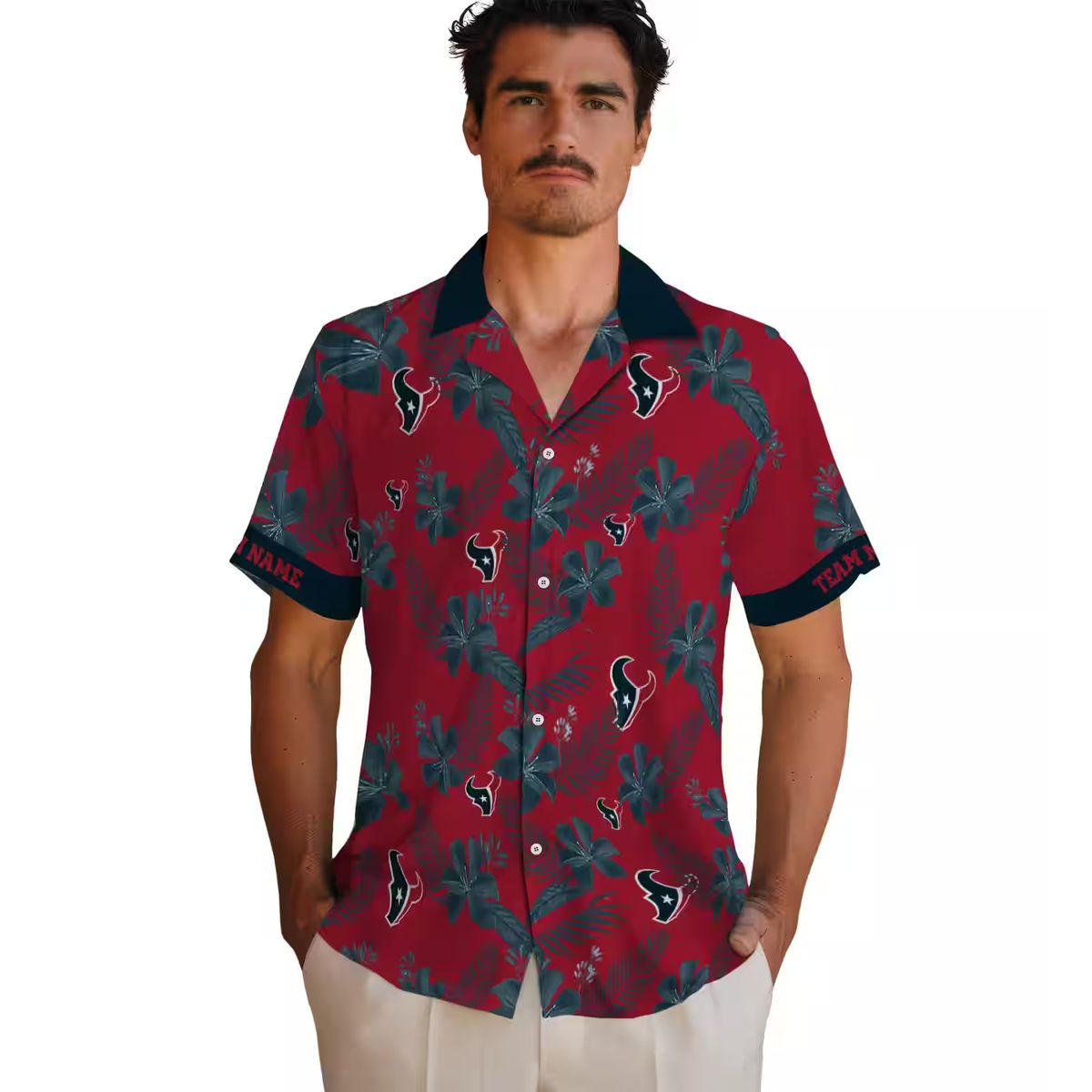 Custom Houston Texans Hawaiian Shirt, Red Botanical Print Aloha Shirt for Men