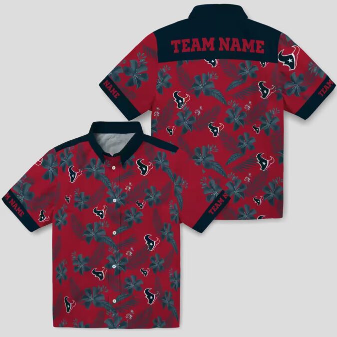 Custom Houston Texans Hawaiian Shirt, Red Botanical Print Aloha Shirt for Men