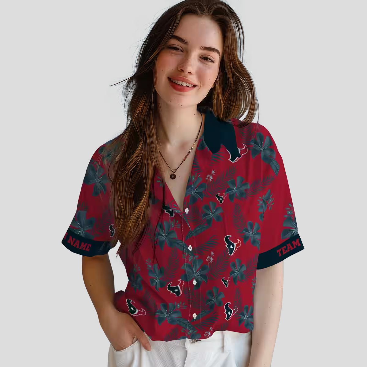 Custom Houston Texans Hawaiian Shirt, Red Botanical Print Aloha Shirt for Men