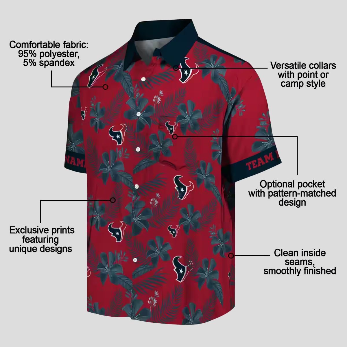 Custom Houston Texans Hawaiian Shirt, Red Botanical Print Aloha Shirt for Men