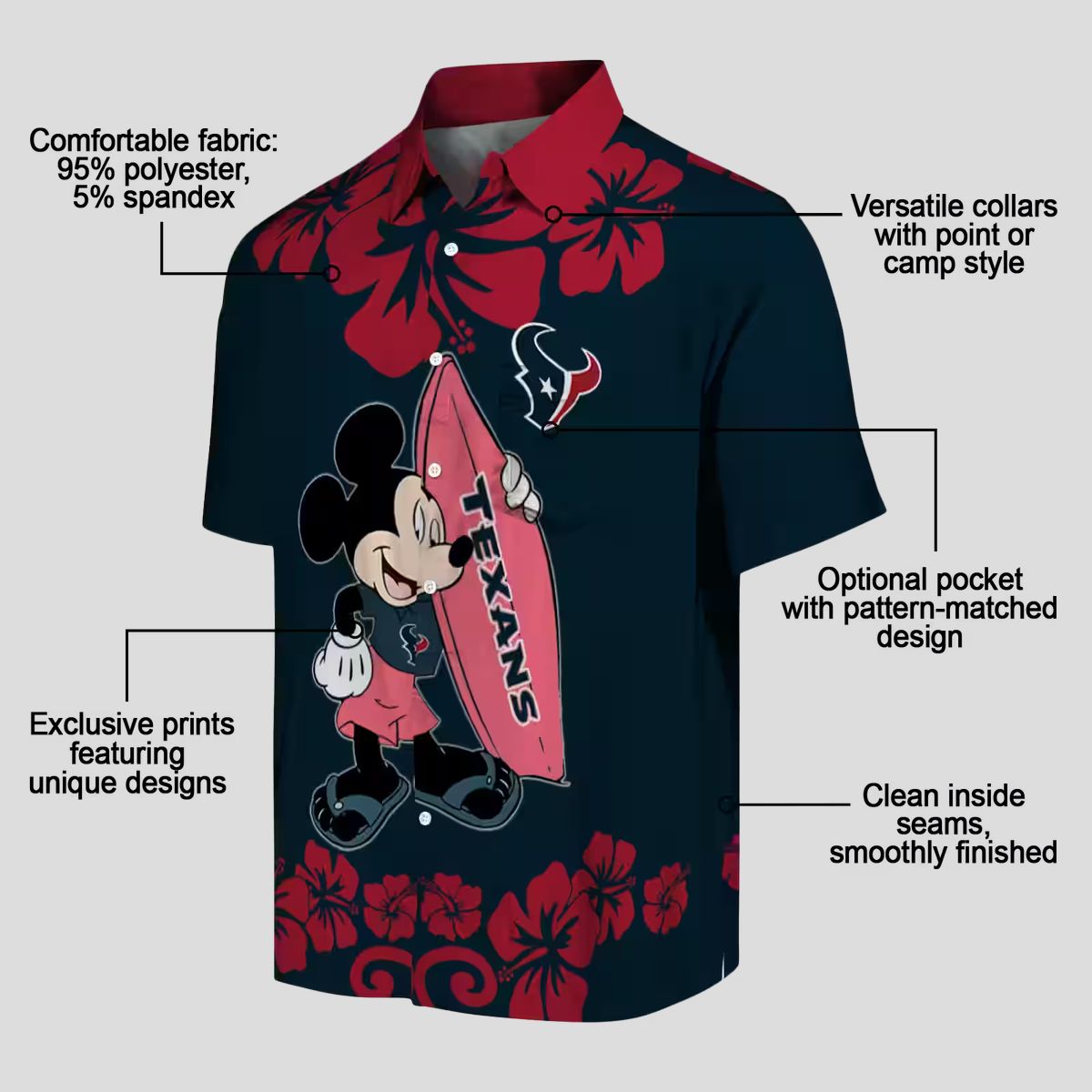 Disney Mickey Surfing Houston Texans Blue Hawaiian Shirt for Men and Women