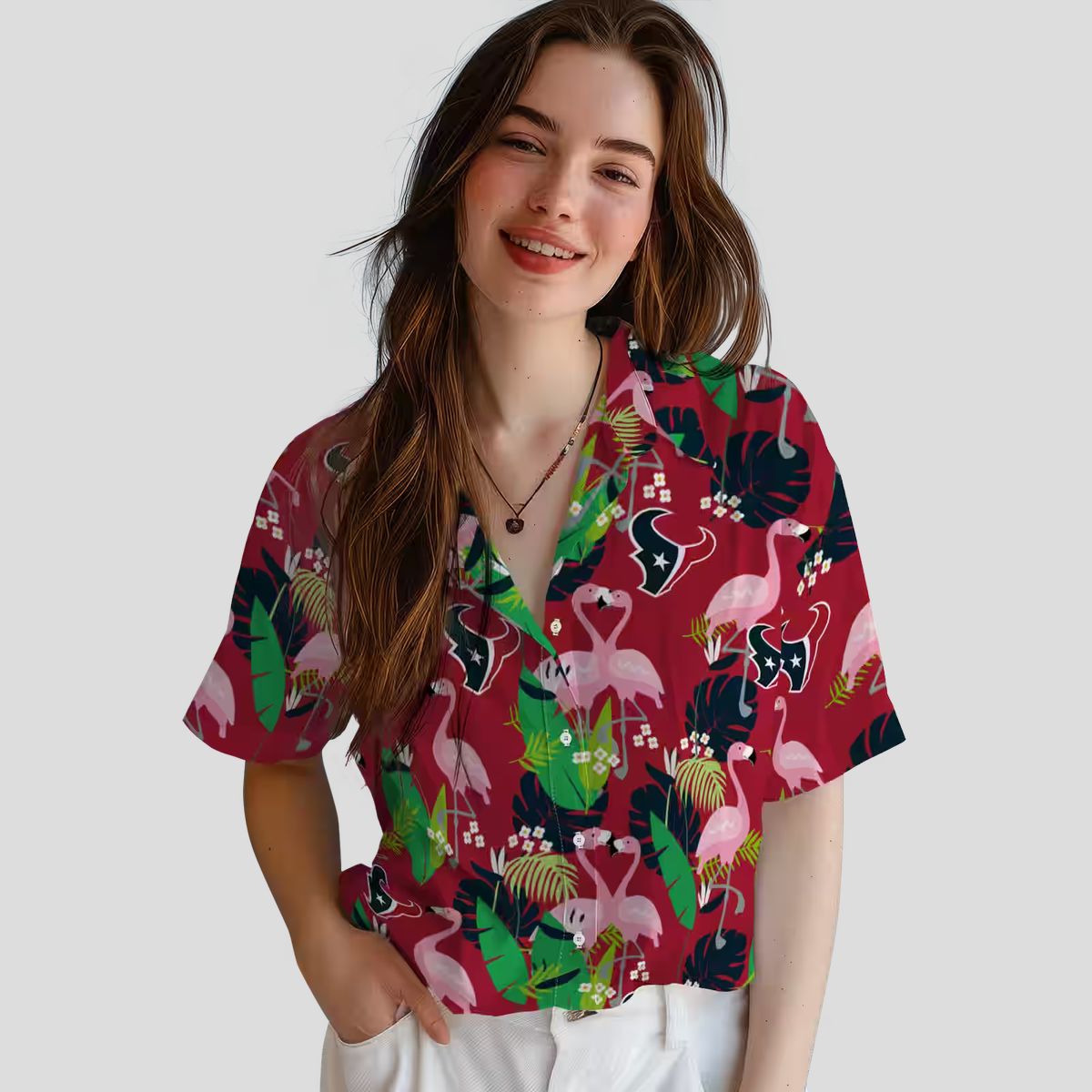 Houston Texans Blue Green Hawaiian Shirt with Flamingo Tropical Print for Fans