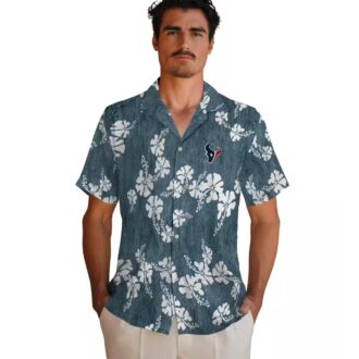 Houston Texans NFL Themed Blue Hawaiian Shirt with Hibiscus Clusters Print