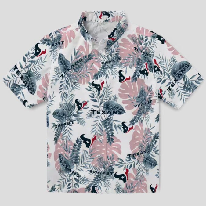 Houston Texans Summer Beach Hawaiian Shirt with Tropical Blue and White Leaf Print