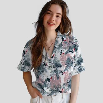 Houston Texans Summer Beach Hawaiian Shirt with Tropical Blue and White Leaf Print