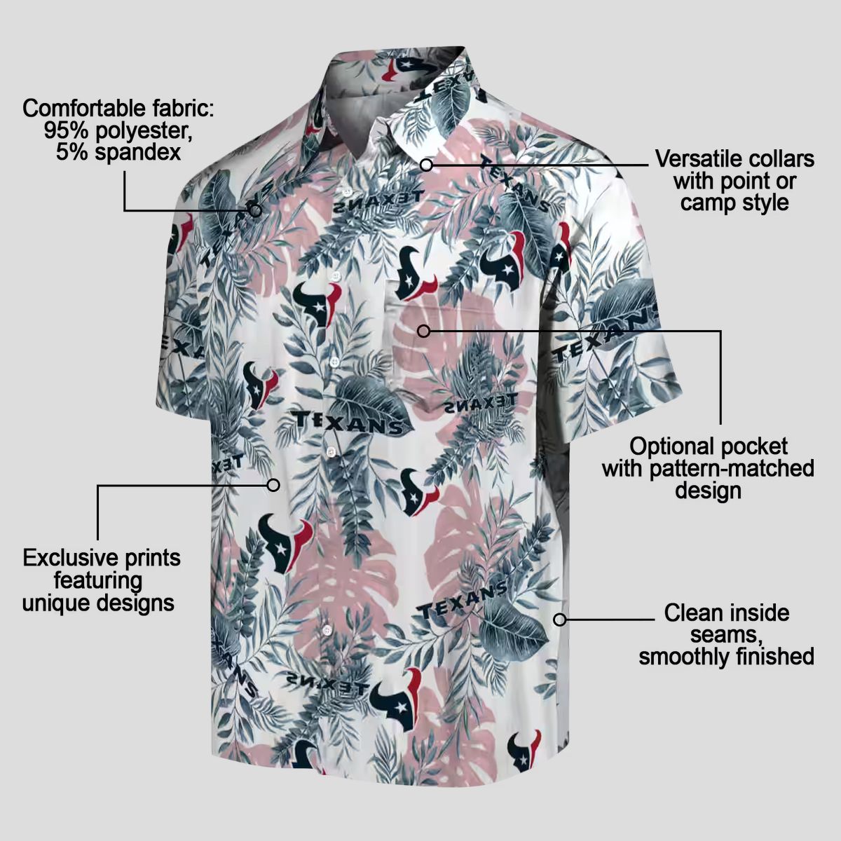 Houston Texans Summer Beach Hawaiian Shirt with Tropical Blue and White Leaf Print