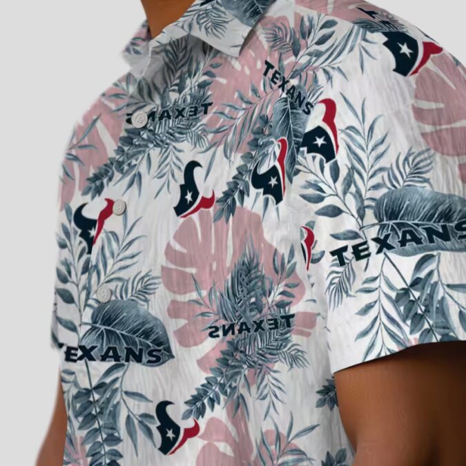 Houston Texans Summer Beach Hawaiian Shirt with Tropical Blue and White Leaf Print