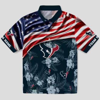 Houston Texans Summer Hawaiian Shirt with US Flag and Tropical Hibiscus Blue Print