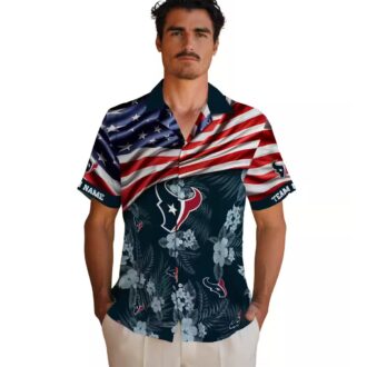 Houston Texans Summer Hawaiian Shirt with US Flag and Tropical Hibiscus Blue Print