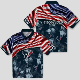 Houston Texans Summer Hawaiian Shirt with US Flag and Tropical Hibiscus Blue Print