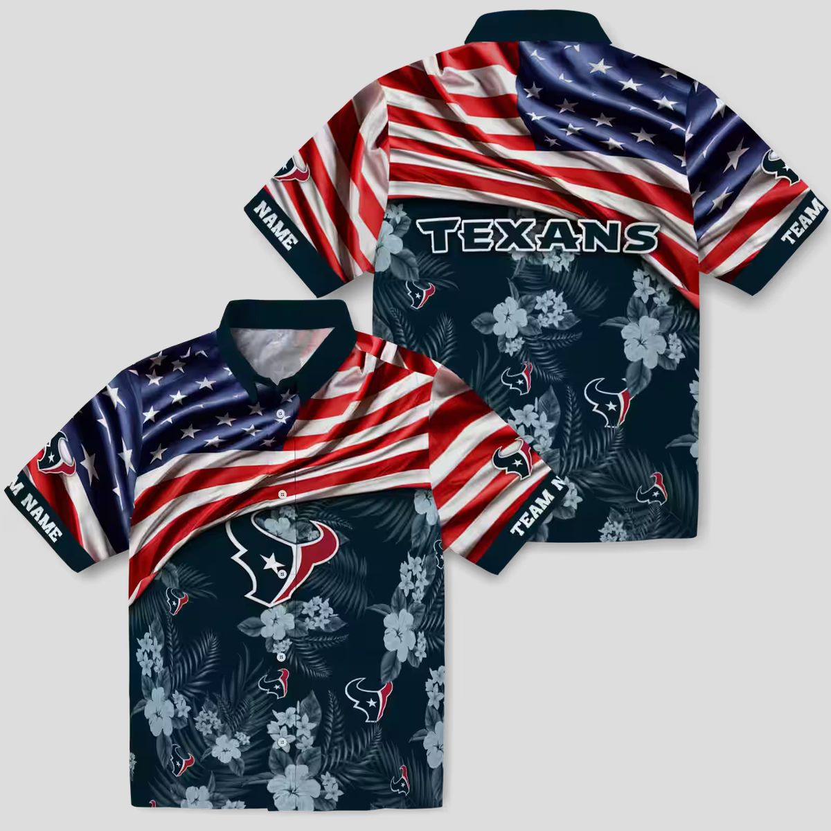 Houston Texans Summer Hawaiian Shirt with US Flag and Tropical Hibiscus Blue Print