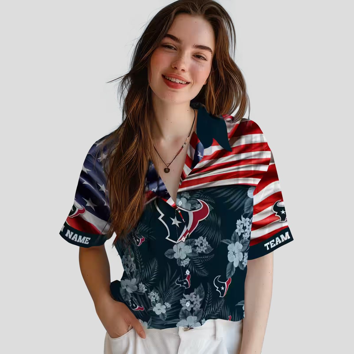 Houston Texans Summer Hawaiian Shirt with US Flag and Tropical Hibiscus Blue Print
