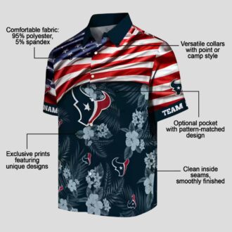Houston Texans Summer Hawaiian Shirt with US Flag and Tropical Hibiscus Blue Print