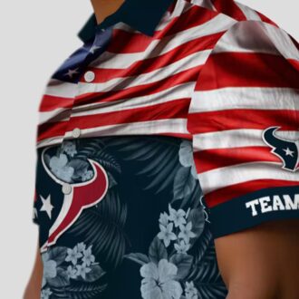 Houston Texans Summer Hawaiian Shirt with US Flag and Tropical Hibiscus Blue Print