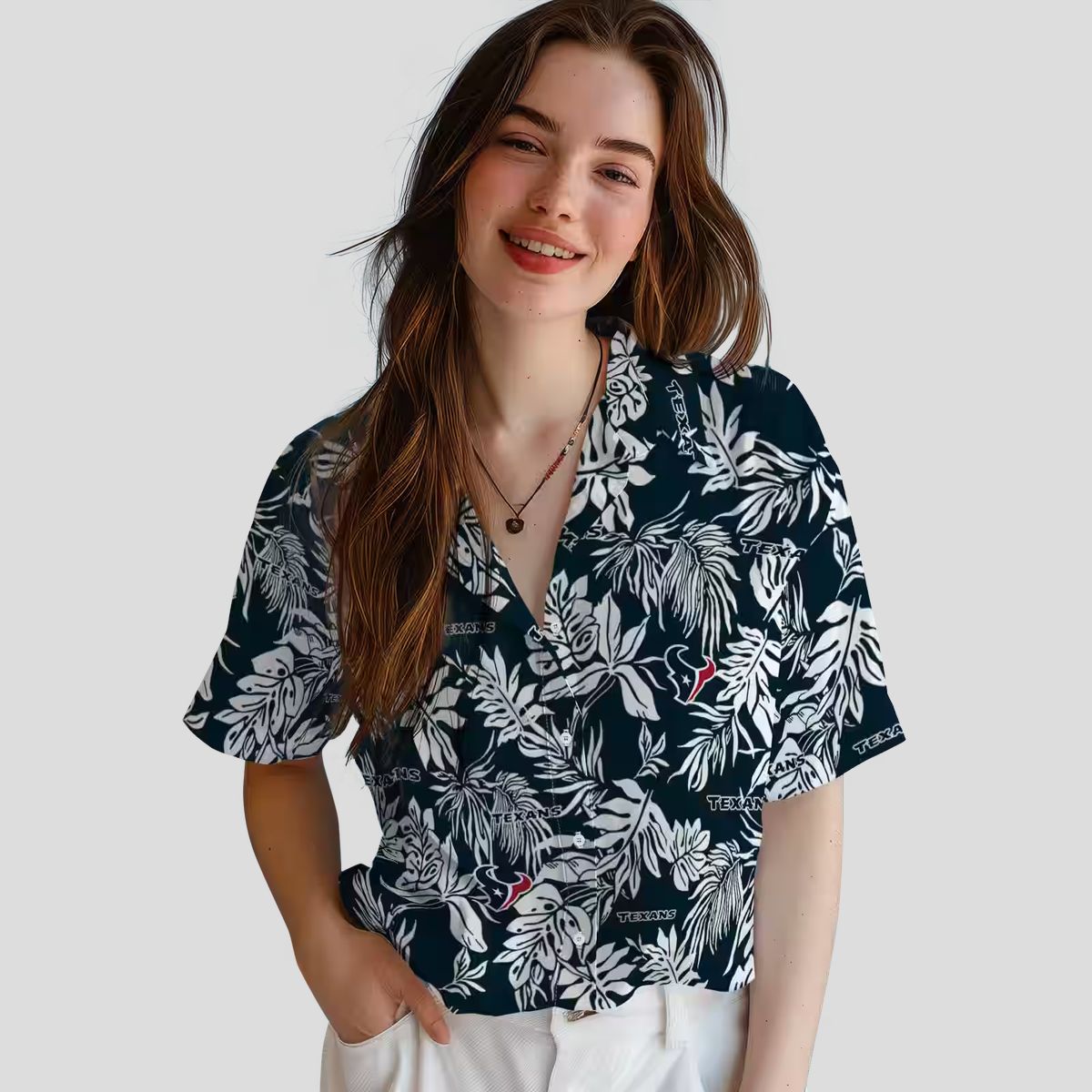 Houston Texans Summer Tropical Hawaiian Shirt with Blue and White Leaf Patterns