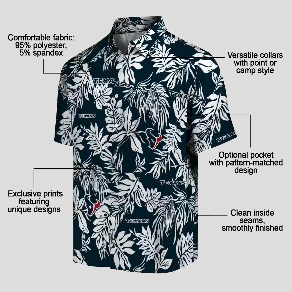 Houston Texans Summer Tropical Hawaiian Shirt with Blue and White Leaf Patterns