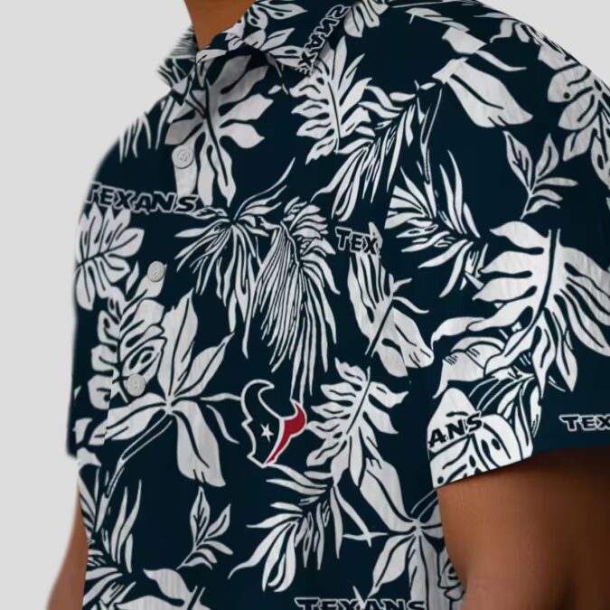 Houston Texans Summer Tropical Hawaiian Shirt with Blue and White Leaf Patterns