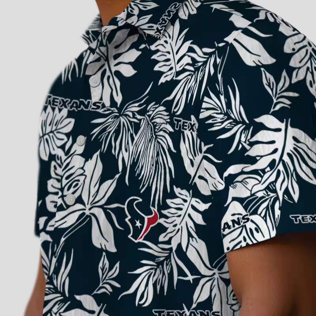 Houston Texans Summer Tropical Hawaiian Shirt with Blue and White Leaf Patterns