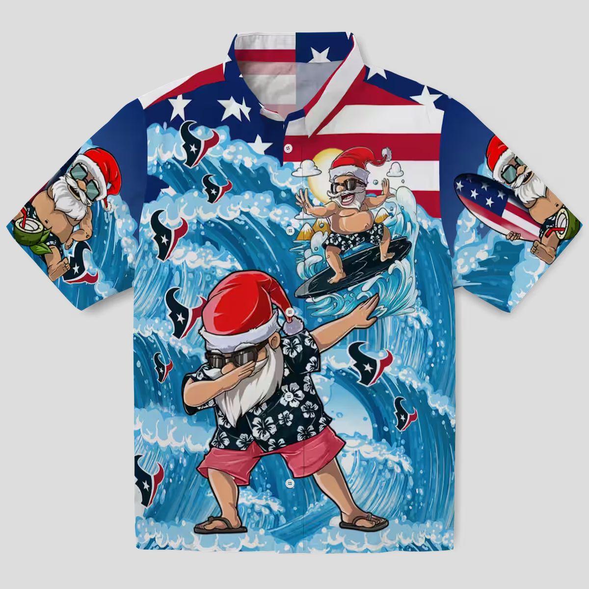 Houston Texans Surfing Santa Blue Tropical Hawaiian Shirt for Summer Vacation