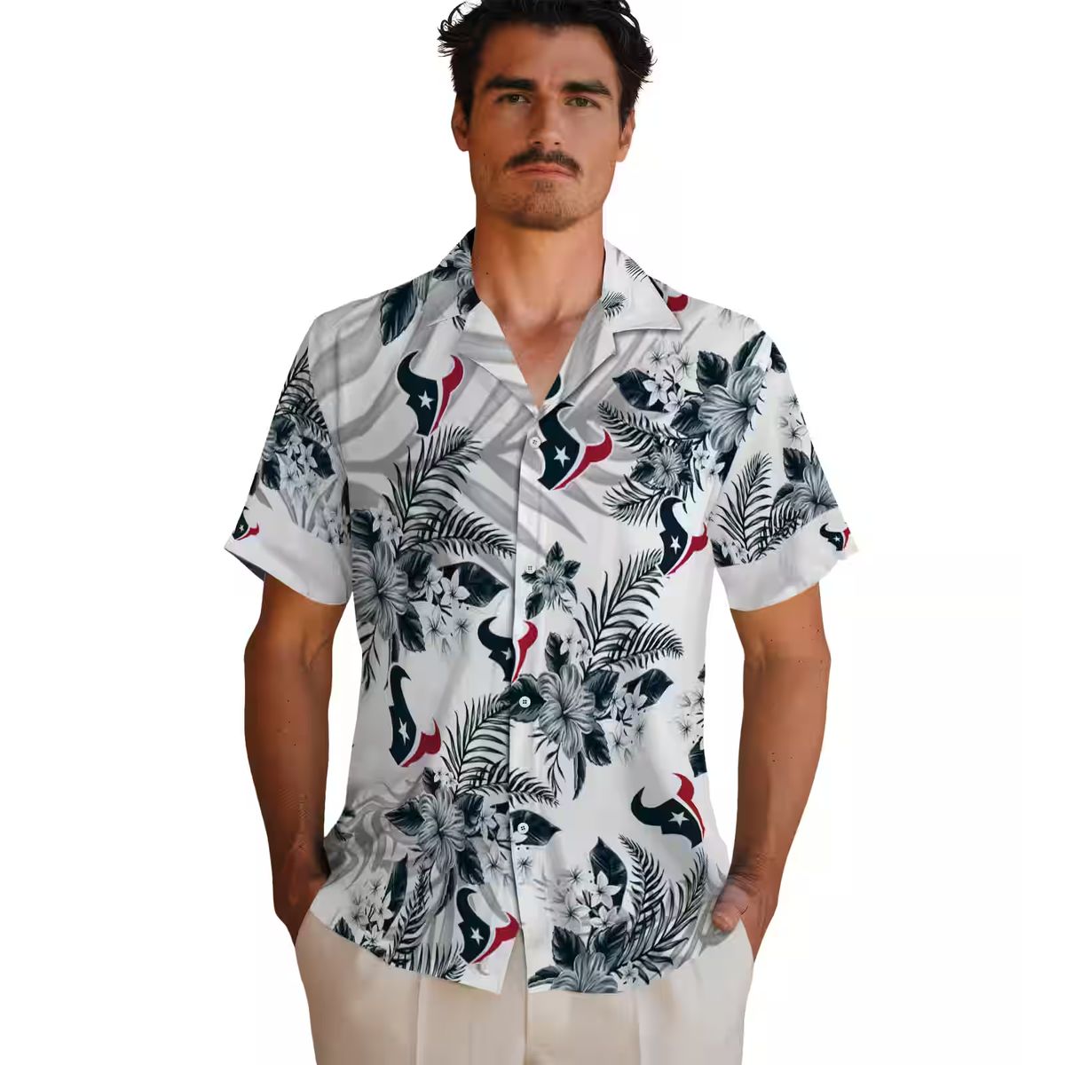 NFL Houston Texans Tropical Hibiscus Palm Leaf Hawaiian Shirt - Blue and White Design