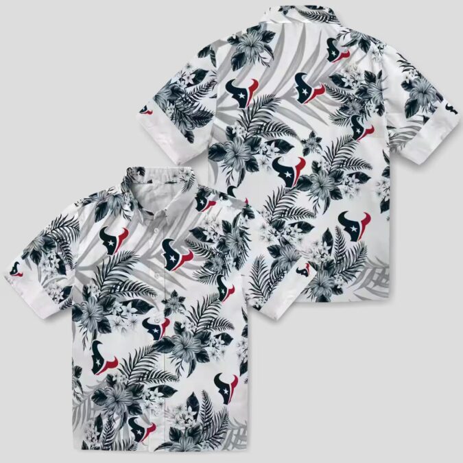 NFL Houston Texans Tropical Hibiscus Palm Leaf Hawaiian Shirt - Blue and White Design