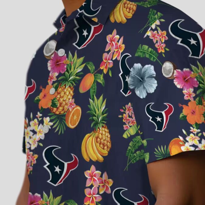 NFL Team Houston Texans Navy Hawaiian Shirt with Hibiscus and Fruit Print