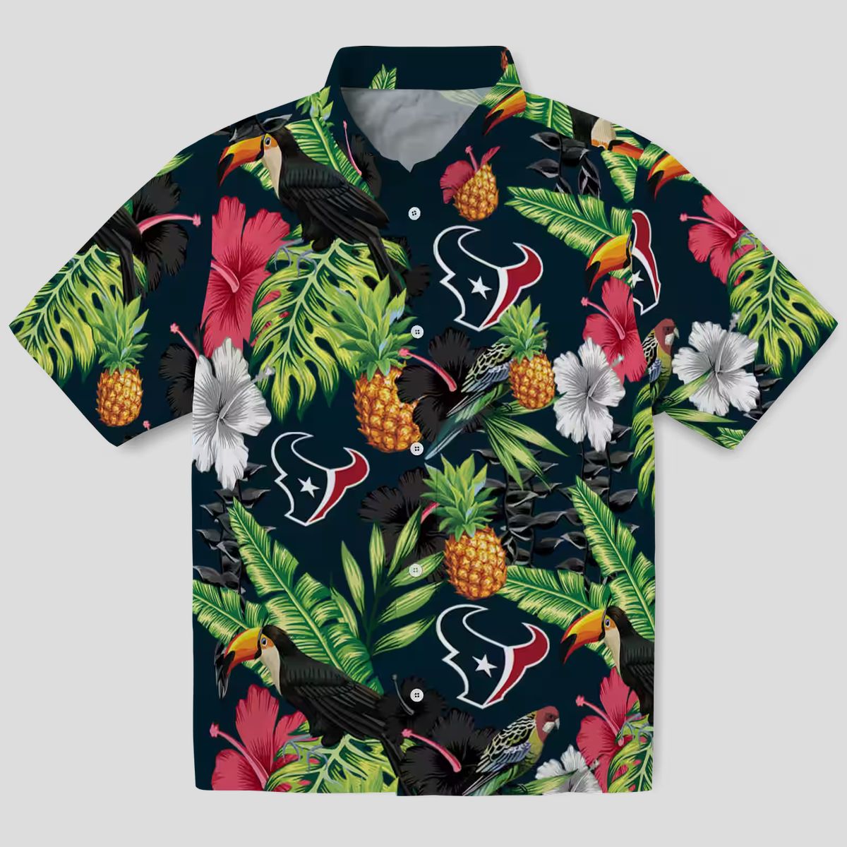 Tropical Houston Texans Blue Green Hawaiian Shirt with Toucan, Hibiscus & Pineapple