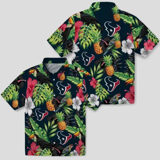 Tropical Houston Texans Blue Green Hawaiian Shirt with Toucan, Hibiscus & Pineapple