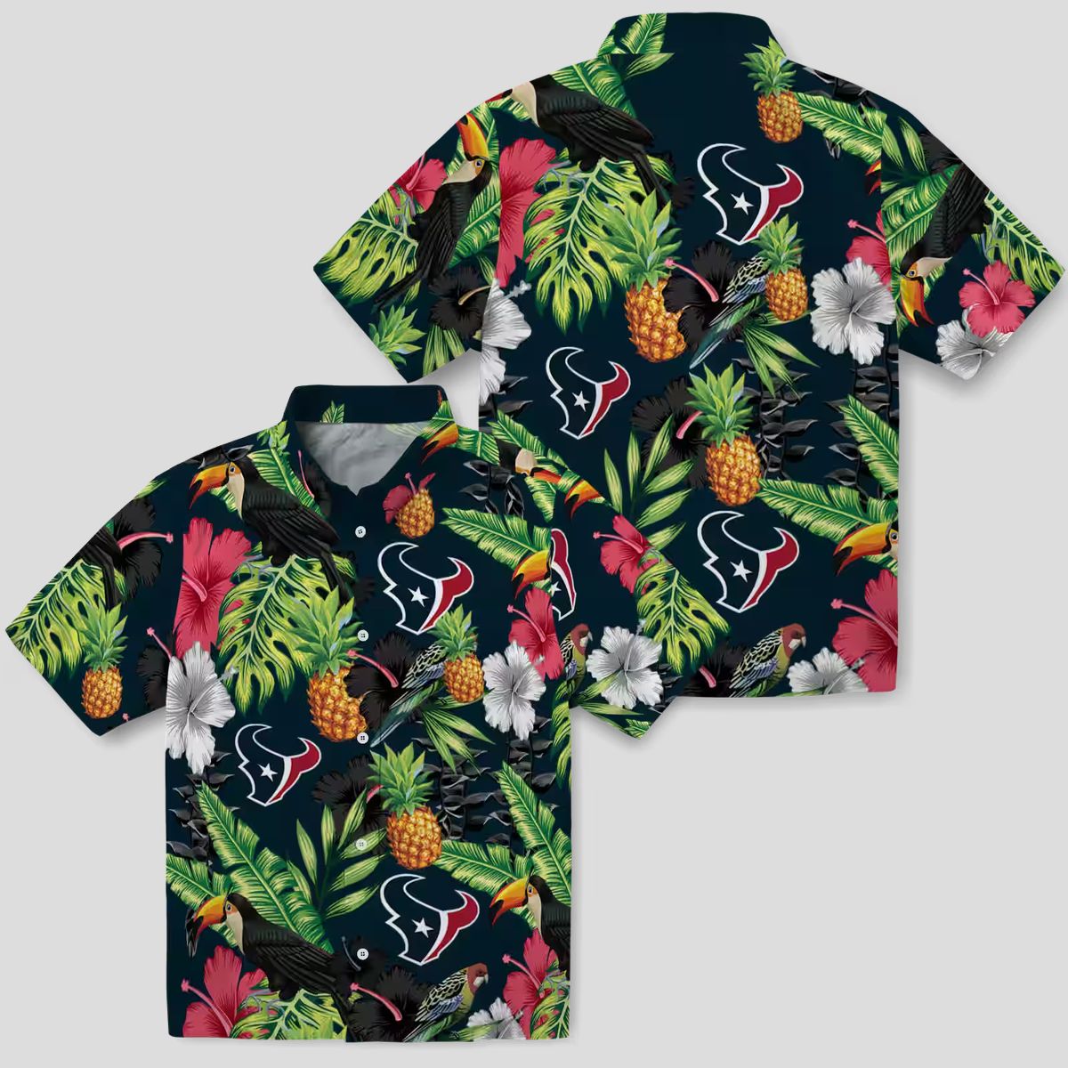 Tropical Houston Texans Blue Green Hawaiian Shirt with Toucan, Hibiscus & Pineapple