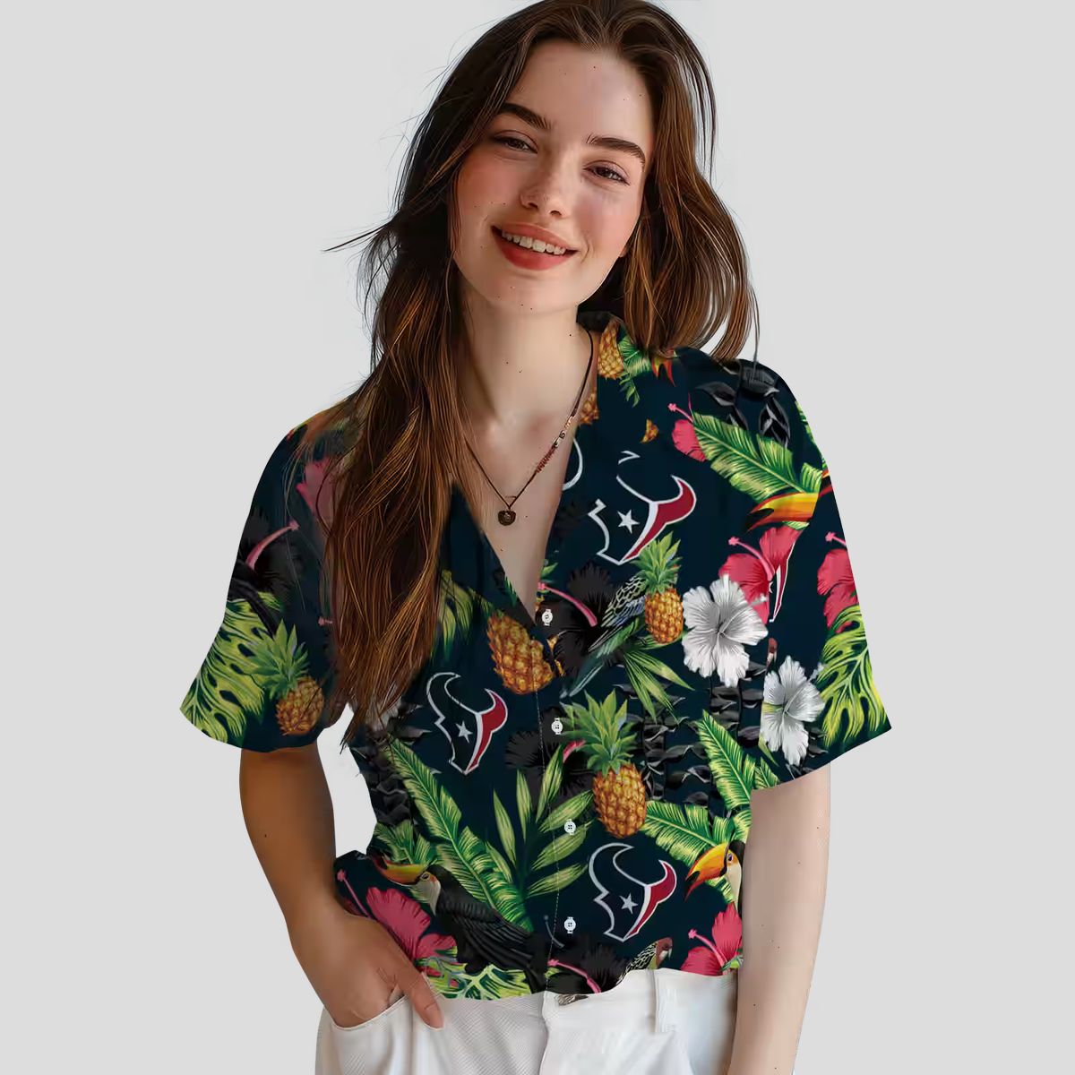 Tropical Houston Texans Blue Green Hawaiian Shirt with Toucan, Hibiscus & Pineapple