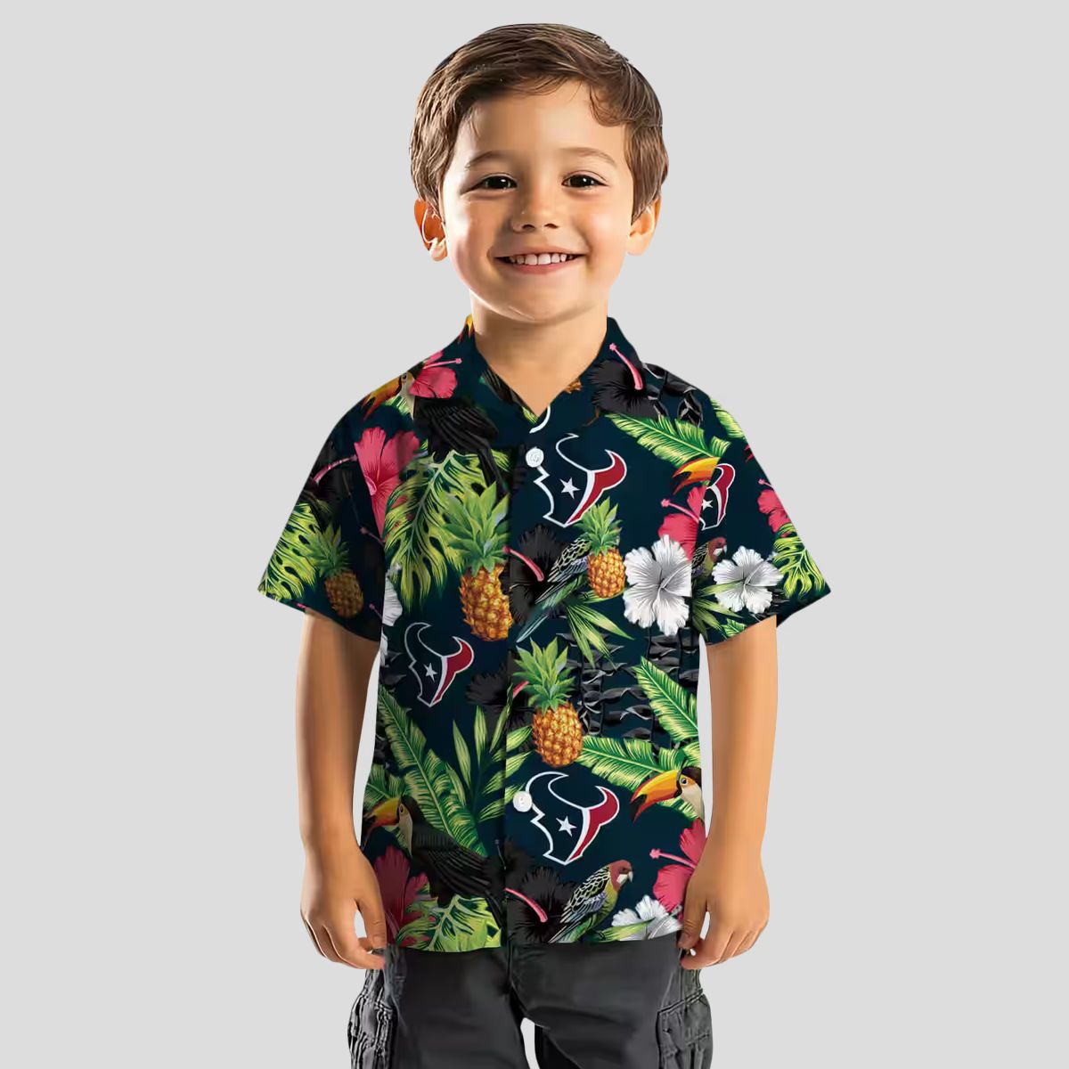 Tropical Houston Texans Blue Green Hawaiian Shirt with Toucan, Hibiscus & Pineapple