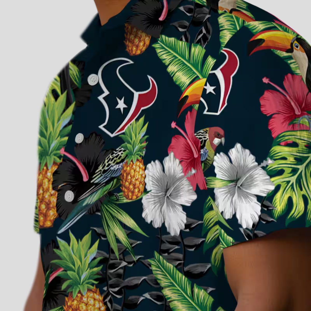 Tropical Houston Texans Blue Green Hawaiian Shirt with Toucan, Hibiscus & Pineapple