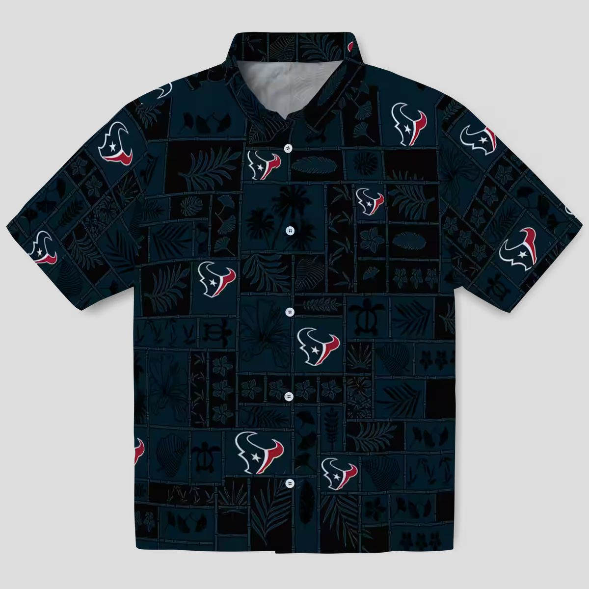Tropical Houston Texans Hawaiian Shirt - Blue & Black Patchwork, NFL Team Design