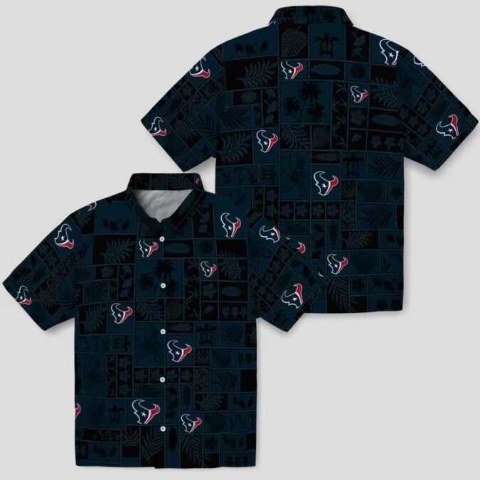 Tropical Houston Texans Hawaiian Shirt - Blue & Black Patchwork, NFL Team Design