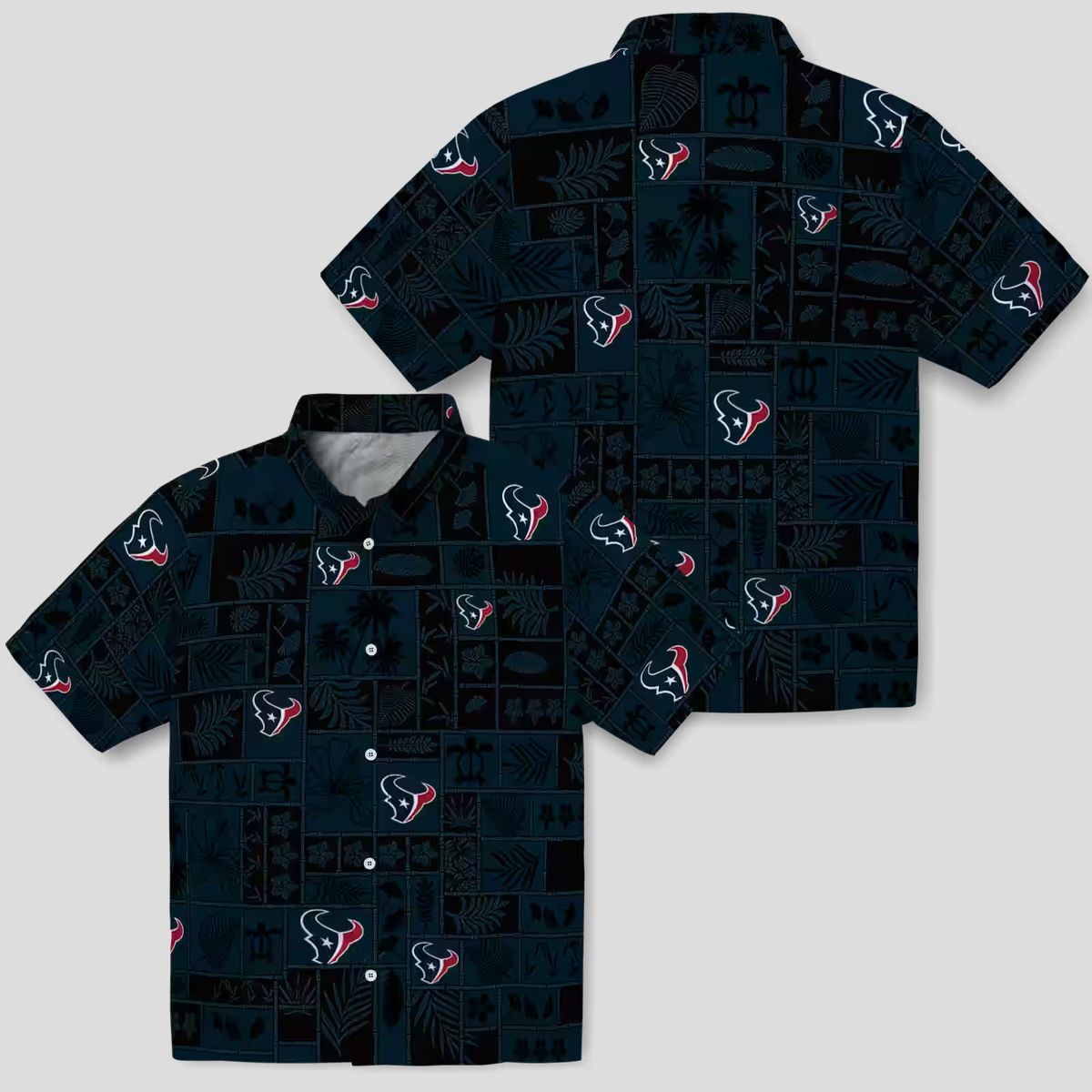 Tropical Houston Texans Hawaiian Shirt - Blue & Black Patchwork, NFL Team Design