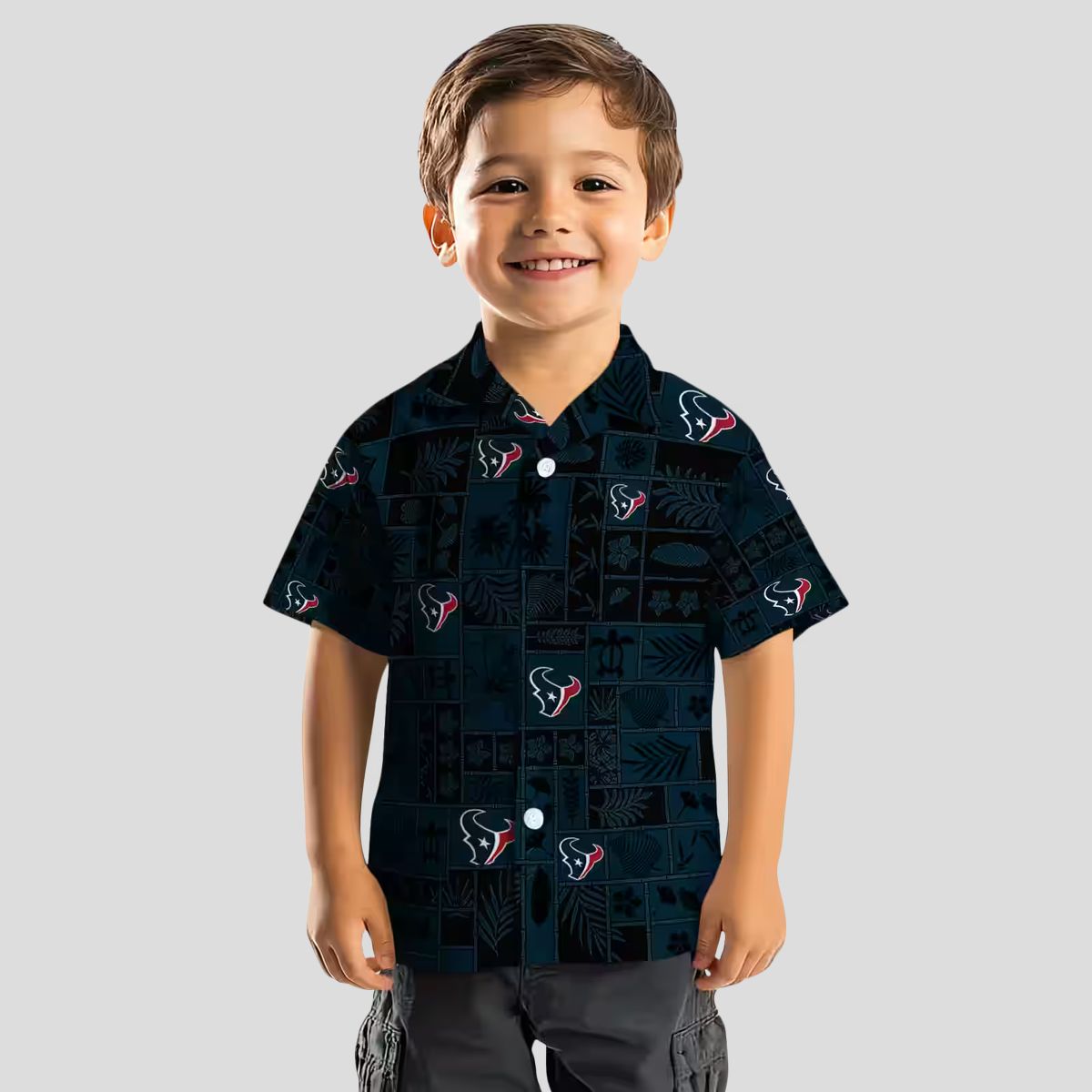 Tropical Houston Texans Hawaiian Shirt - Blue & Black Patchwork, NFL Team Design