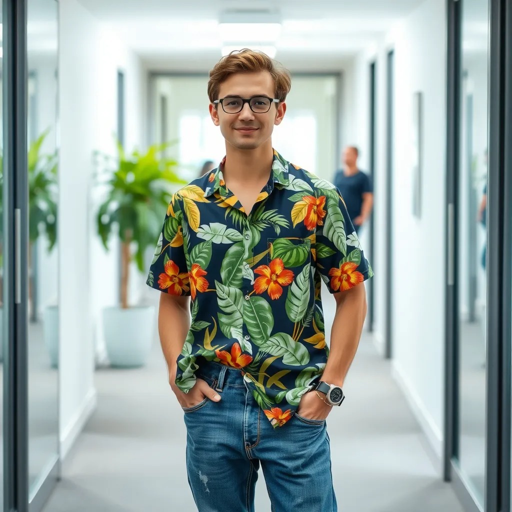 A Hawaiian shirt combined with long jeans, sunglasses, and a wristwatch is a popular outfit for men