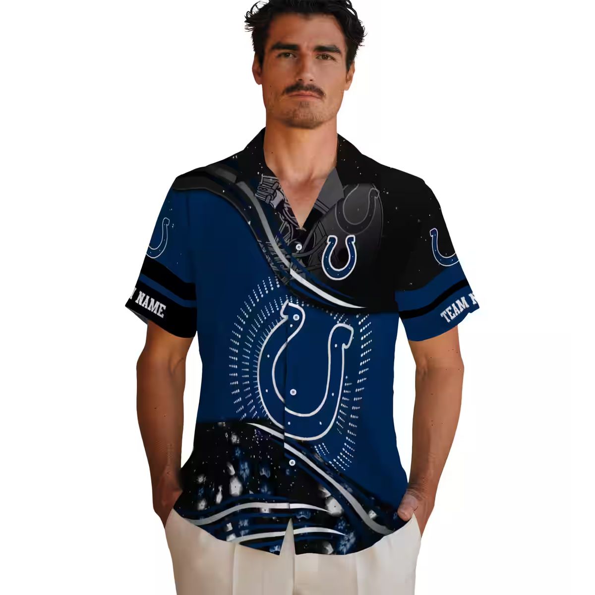 Blue & Black Football Wave Colts Hawaiian Shirt, Summer Vacation Outfit