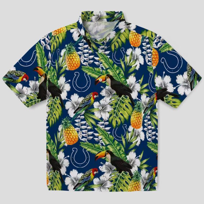 Custom Colts Hawaiian Button Up Shirt, Tropical Toucan & Palm Tree Summer Outfit