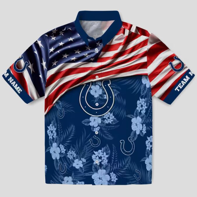 Indianapolis Colts Custom Hawaiian Shirt – Blue Hibiscus & USA Flag Football Gear