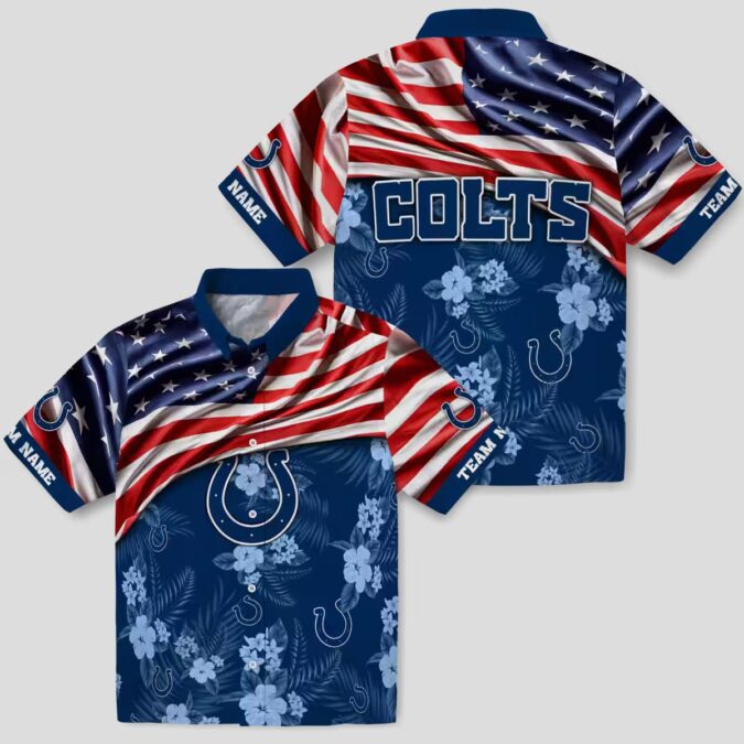 Indianapolis Colts Custom Hawaiian Shirt – Blue Hibiscus & USA Flag Football Gear