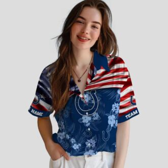 Indianapolis Colts Custom Hawaiian Shirt – Blue Hibiscus & USA Flag Football Gear