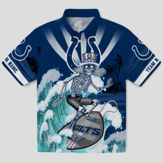 Indianapolis Colts Surfing Skeleton Hawaiian Shirt, Custom Blue Aloha Beachwear