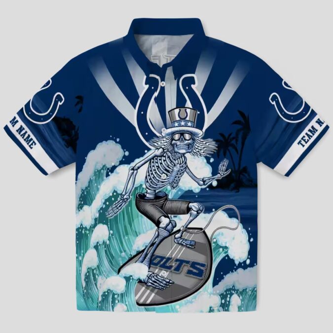 Indianapolis Colts Surfing Skeleton Hawaiian Shirt, Custom Blue Aloha Beachwear