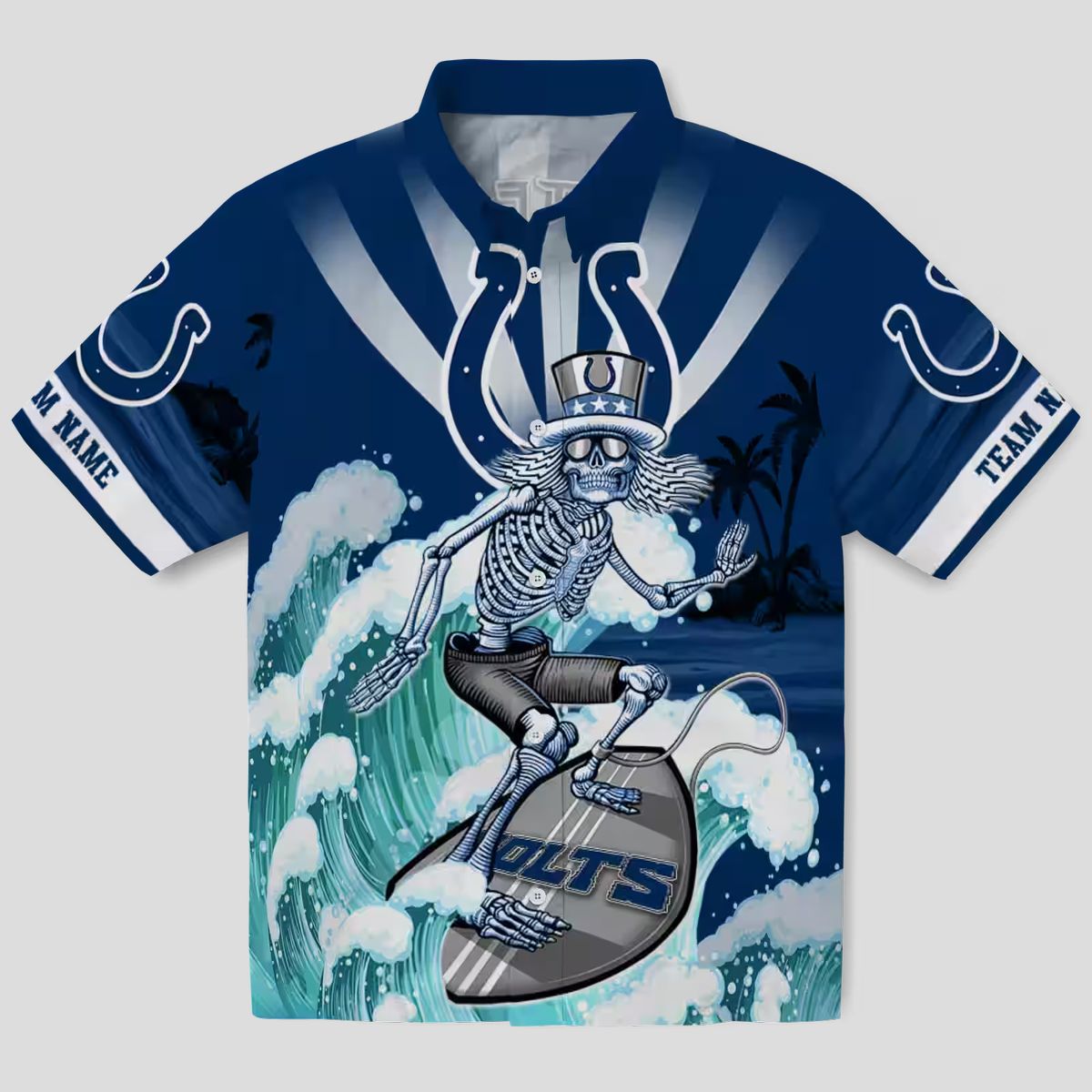Indianapolis Colts Surfing Skeleton Hawaiian Shirt, Custom Blue Aloha Beachwear