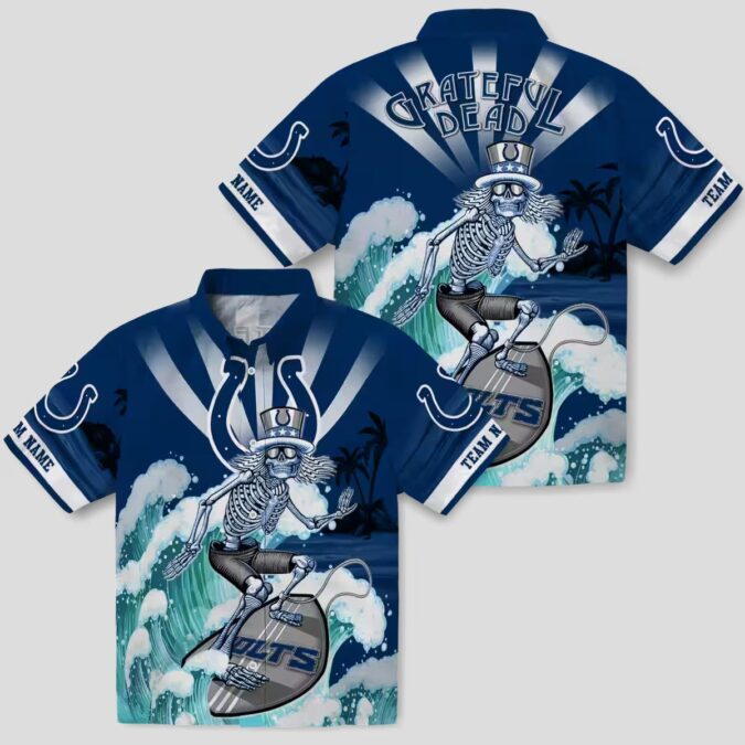 Indianapolis Colts Surfing Skeleton Hawaiian Shirt, Custom Blue Aloha Beachwear