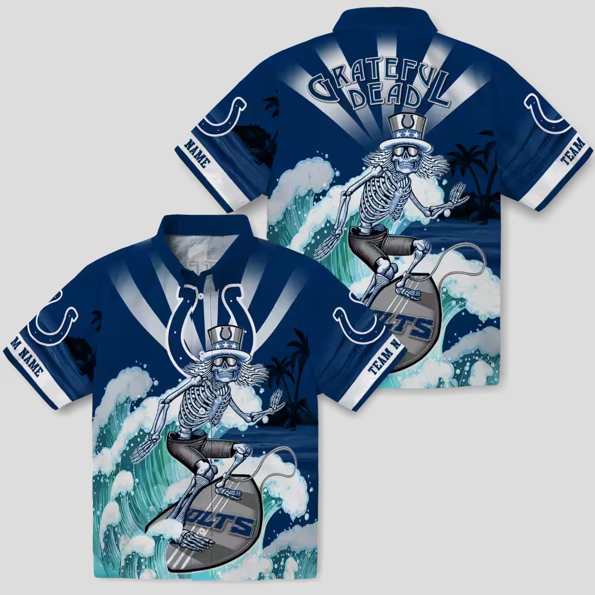 Indianapolis Colts Surfing Skeleton Hawaiian Shirt, Custom Blue Aloha Beachwear