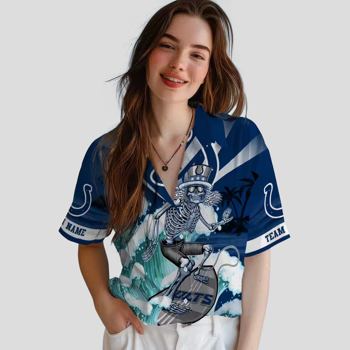 Indianapolis Colts Surfing Skeleton Hawaiian Shirt, Custom Blue Aloha Beachwear